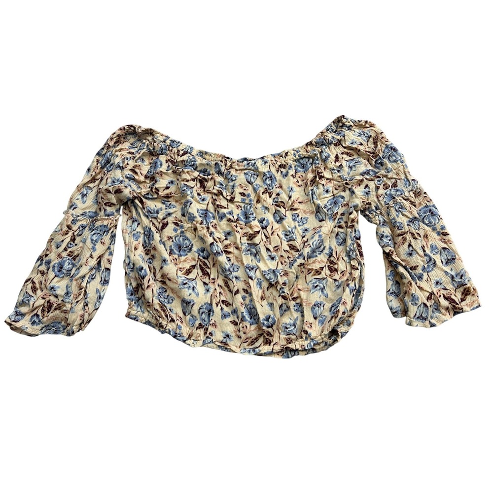 Forever 21 Floral Off Shoulder Crop Top Womens Small Blue Tan Excellent Boho
